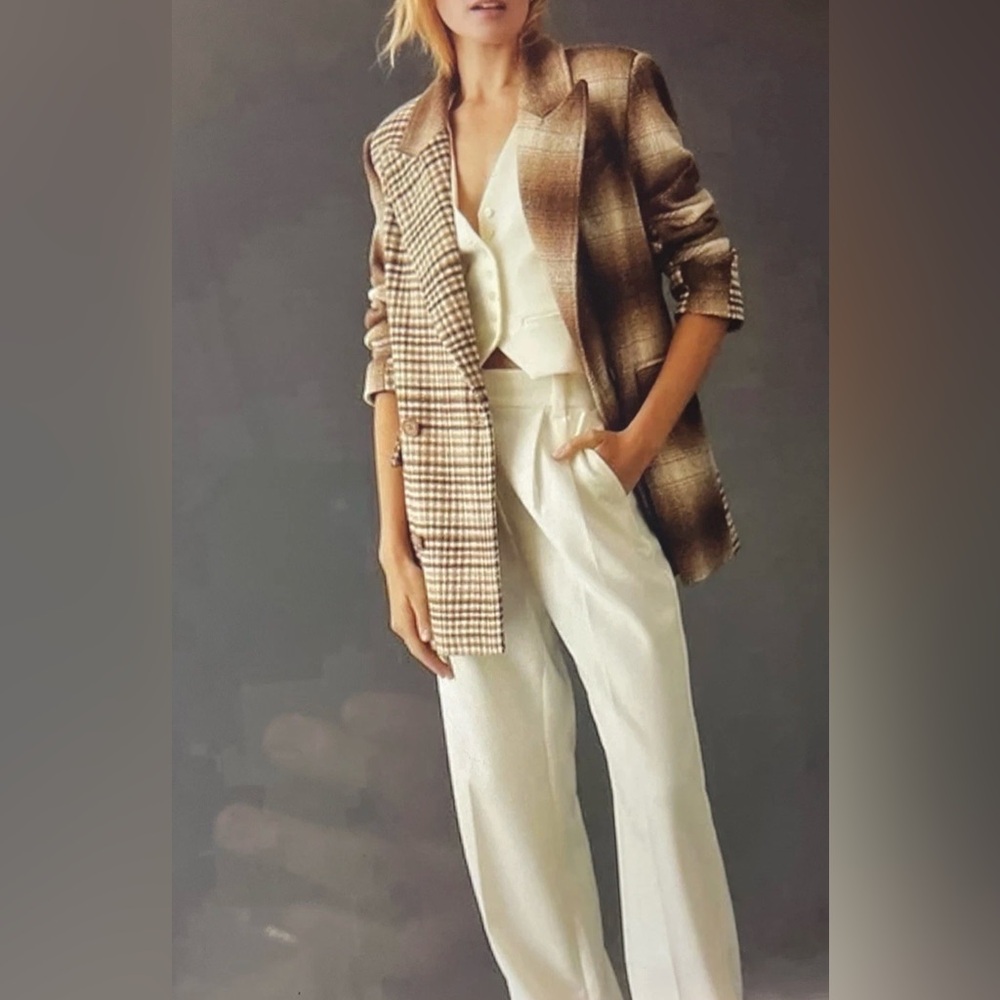 New Avec Les Filles Mixed Brown Plaid Boxy Blazer Size Medium - Picture 12 of 13